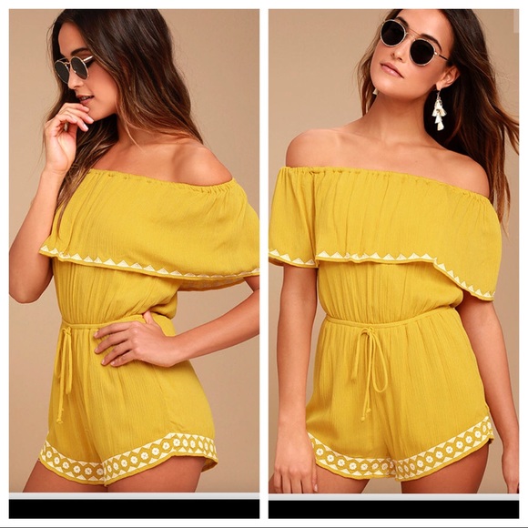 Lulus Pants - Lulus yellow off the shoulder embroidered romper